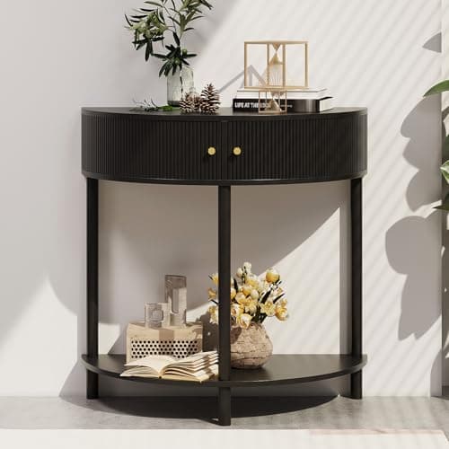Image of Trironsun Fluted Half Moon Console Table with Storage Slim 2-Tier Entryway Table with Cupboard Wooden Hall Table with Gold Knobs Boho Style for Small Spaces (Black)