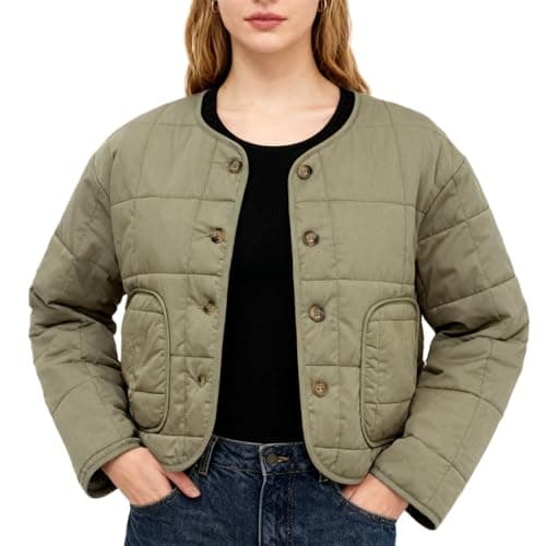 Image of Amazhiyu Womens Padded Jacket, Autumn/Winter Lightweight Quilted Jackets, Outdoors Long-Sleeved Button Down Coat with Pockets Green M