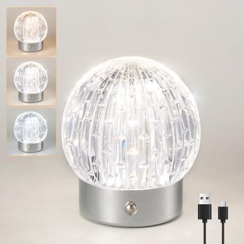 Image of HARPER LIVING Rechargeable Table Lamp, Small Battery Operated Desk Lamp, 3 Colors & Dimmable LED Touch Lamps, Wireless Table Light for Bedside Living Room Kids Room, Globe Shade, Chrome Finish