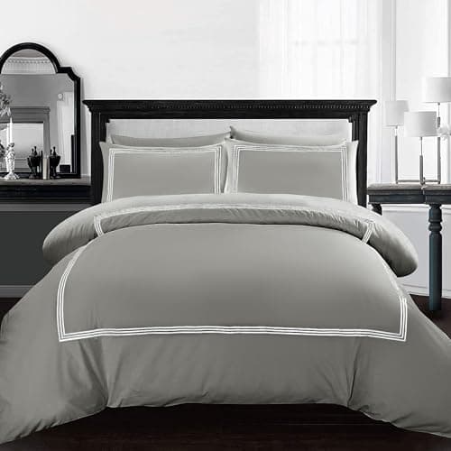 Image of AR Ware Double Duvet Cover Set - Soft Luxury Bratta Stitch Embroidered Microfiber Duvet Sets with 2 Pillowcases - Non Iron Bedding Hotel Quality Quilt Cover (Charcoal)