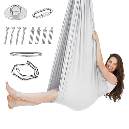 Image of Aerial Yoga Hammock Set, Honeycomb Swing, Indoor 200 kg, Max 200 kg, Yoga Hammock, Swing Hammock with Carabiner, Fastening, Nails and Accessories (150 x 280 cm, Grey)