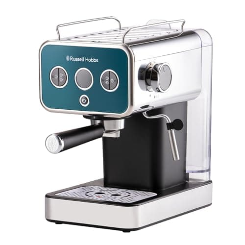 Image of Russell Hobbs Espresso Machine, 15 Bar Pump Pressure + Milk Frother Steam Wand, Latte & Cappuccino, Detachable Water Tank, ESE pods,Cup warmer, Ocean Blue Stainless Steel 26451