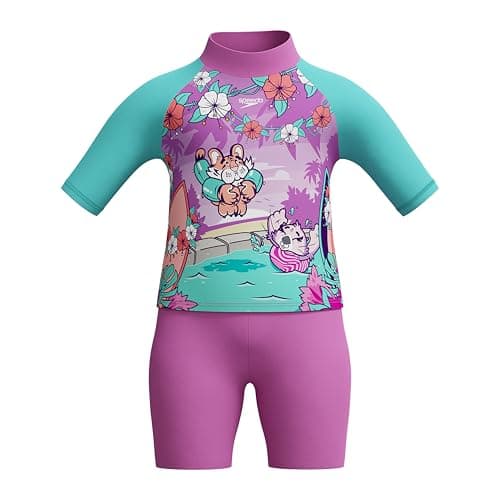 Image of Speedo Girls Learn to Swim Sun Protection Top & Shorts | Junior Girls | Holiday Wear | UVU Protection Swimwear, Neon Violet, 2YRS
