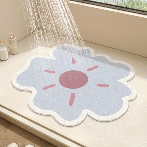 Image of Round Shower Mat Flower Bath Mat for Inside Shower,PVC Loofah Bathroom Floor Mat,Non-Slip Bathmat Anti Mould Shower Mat with Drain,Quick Drying (Blue,70x70cm)