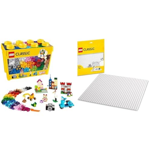 Image of LEGO 10698 Classic Large Creative Brick Storage Box Set & 11026 Classic White Baseplate Building Base, Construction Toy Square 32x32 Build and Display Board, Multicolor