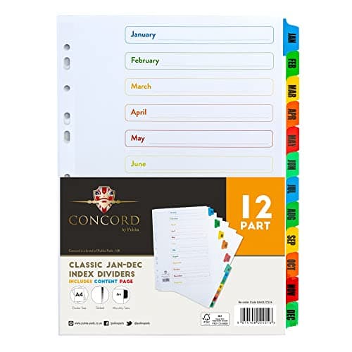 Image of A4 Divider 12 Part Printed Jan-Dec Coloured Mylar Tabs Multi-Punched White Ref 20274 Set