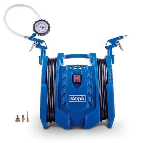 Image of Scheppach Airforce 7 Air Compressor | 1100W Portable Electric Tyre Bike Inflator | 8 Bar | Inc. 4m Hose & Cable, Air Gun, Tyre Inflator & 3 Adapters