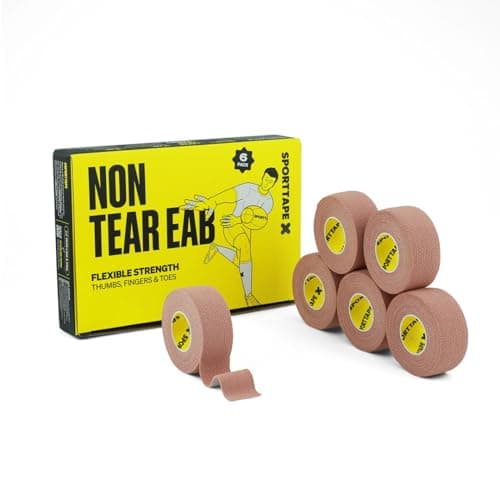 Image of SPORTTAPE Tan EAB Fabric Strapping Tape - 2.5cm x 4.5m, 6 Rolls | Plaster Tape for Finger & Toe Taping, Holding Dressings, Splinting | Non-Tear Elastic Adhesive Bandage for Sport, Medical, First Aid