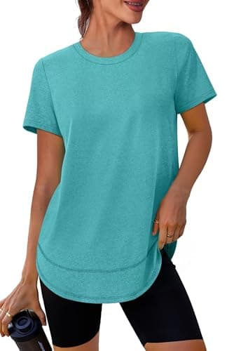 Image of XIEERDUO Gym Tops for Women UK Crewneck Short Sleeve Sports T Shirts Lightweight Moisture Wicking Quick Dry Activewear Clothes with Sun Protection UPF 50+ Aqua 3XL