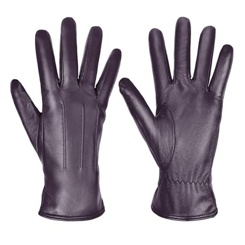 Image of Harssidanzar Leather Gloves For Women,Winter Warm Cashmere Lining Touchscreen Ladies Glove GL017UK,Purple,Size L