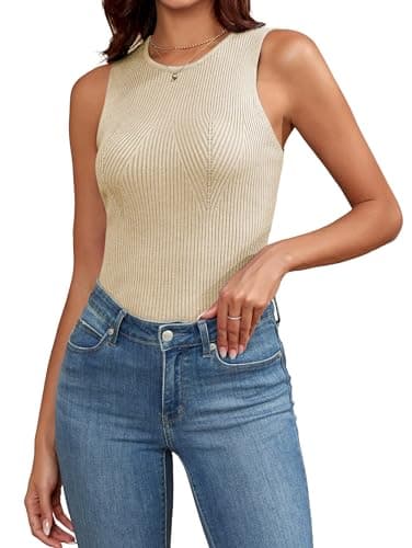 Image of Famulily Womens Tank Tops Summer Sleeveless Vests High Neck Ribbed Knit Slim Fitted Shirts (XL, Beige)