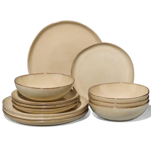 Image of Joyfair Dinner Set, 12 Pieces Stoneware Dinnerware Set Service for 4, Reactive Glaze Irregular Shape Plates and Bowls, Chip & Scratch Resistant, Microwave & Dishwasher Safe, Sandy Khaki