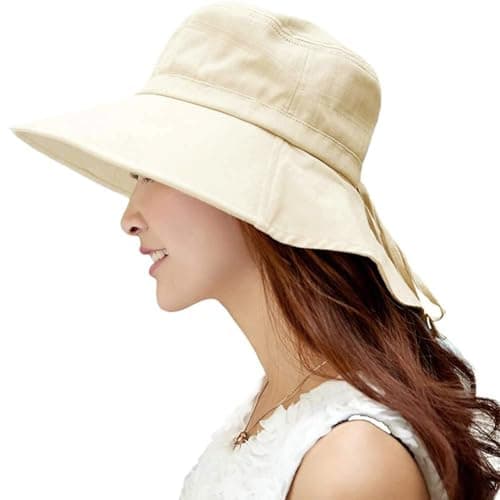 Image of Comhats Womens Sun Hats UV Protection Wide Brim Hats with Neck Protection Ladies Summer Hats UPF 50 Cotton Sunhats Safari Gardening Hat Foldable Beige Small