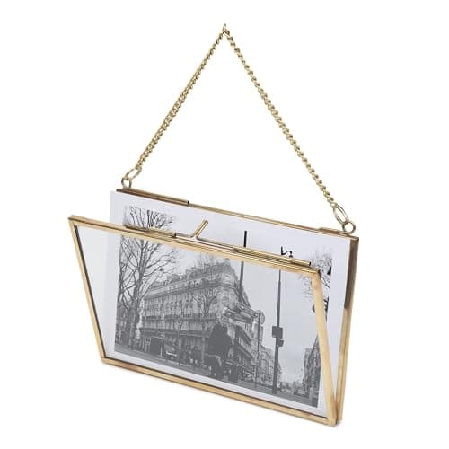 Image of Fenzo Vintage Style 4x6 inch Landscape Brass & Glass Hanging Frames for Photos, Artwork, & Pressed Leaves, Floating Display Gold Frames, Elegant Design for Home Living Room Decor