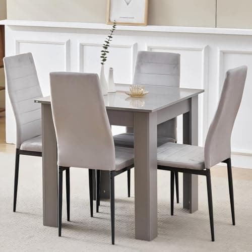 Image of Homullel 75x75 cm Small Dining Table and 4 Chairs, 4 Seater Table and Chairs Set Kitchen Dining Room Set for 4, Compact, Space Saving, Wooden, Glossing Tabletop Grey (4 Seats, Flannel Grey #1)