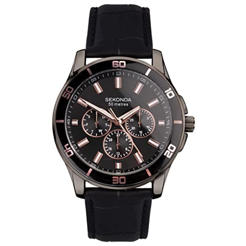Image of Sekonda Midnight Men’s 44mm Quartz Watch in Black with Analogue Display, and Black Leather Strap 30026