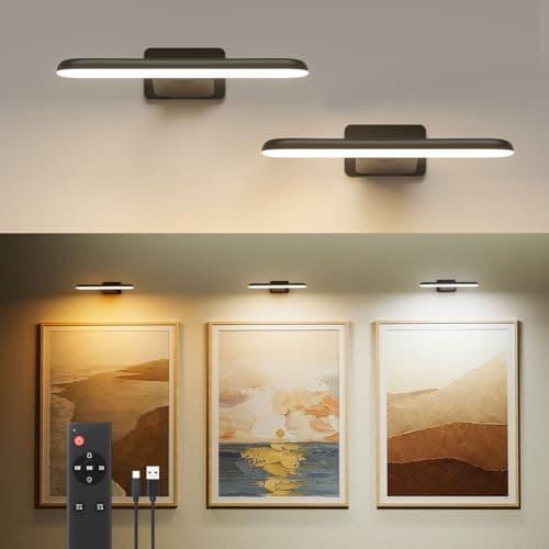 Image of FULEN 2 Pack Picture Lights for Wall, Battery Operated Picture Light Rechargeable, Cordless Dart Board Lights, LED Wall Sconces for Pictures,Frames&Mirros, 3 Color Temperatures, Remote Control, Black
