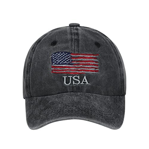 Image of haozaikeji Unisex Distressed Baseball Cap Vintage Trucker Hat Snapback Summer USA Flag Embroidered Sun Hat Mens Women for Driving Sport Hiking Black