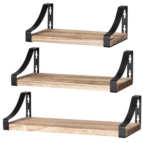 Image of Pipishell 3 Pieces Wall Shelves Wood and Metal Wall Shelves for Storage, Rustic Metal Wire for Living Room, Bedroom, Office, Bathroom or Kitchen (Brown)