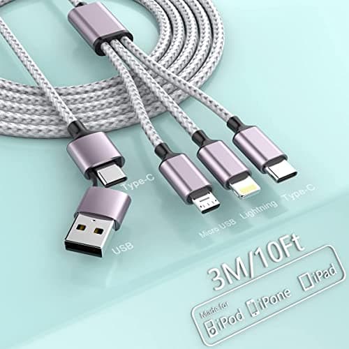 Image of MTAKYI 3M USB C Multi Fast Charging Cable, 4-in-1 Multi Charging Cable Nylon Braided Cord USB/C to Type C/iPhone Fast Sync Charger Adapter Compatible with Laptop/Tablet/Phone