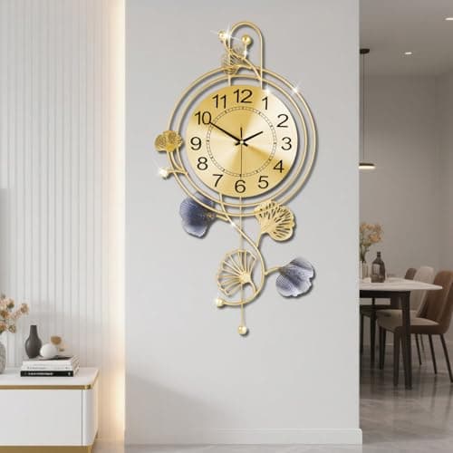 Image of Coslife Elegant Metal Wall Clock with Pendulum and Gold and Gray Leaves, Modern Non-Walking Silent Metal Wall Clock for Living Room, Bedroom, Study, Office