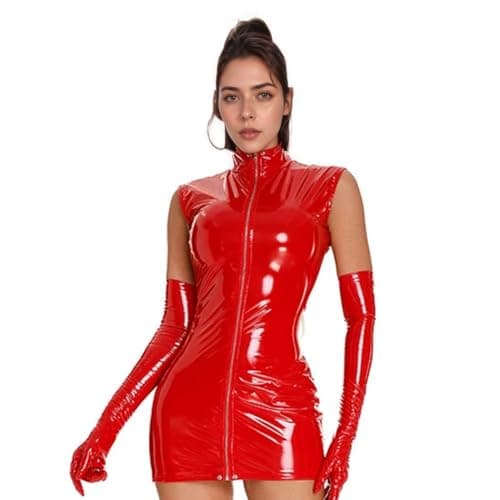 Image of PARUPRUP Womens Faux Leather Mini Dress Sexy Wet Look Bodycon Club Front Full Zip Up Sleeveless Lingerie One Piece (UK, Alpha, L, Regular, Regular, Red - Sleeveless)