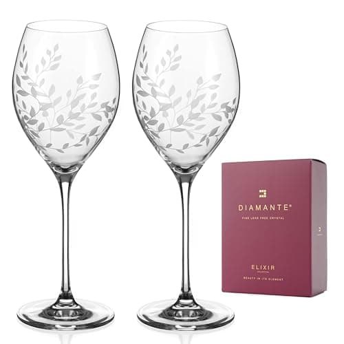 Image of DIAMANTE Crystal Wine Glasses Pair - ‘Breeze’ - Intricately Etched Floral Leaves Pattern - Set of 2