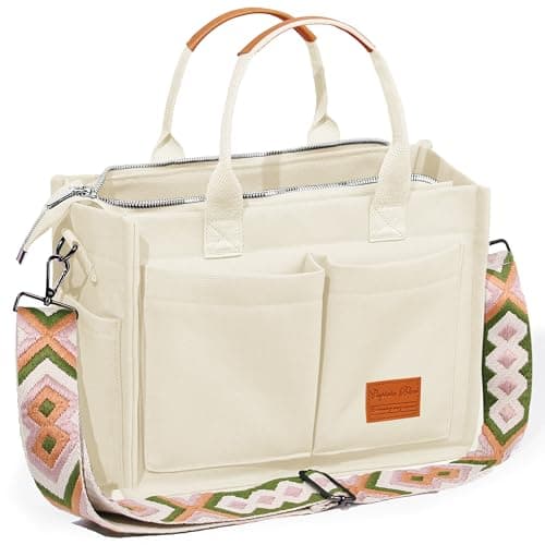 Image of Captain Blues Canvas Tote Bags for Women, Multi-Pocket Tote Bag with Compartments, Large Capacity Shoulder Bag for Work, School (New Upgrade Plus Beige)