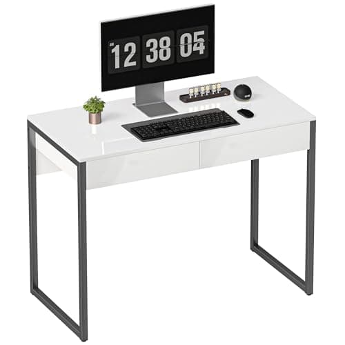 Image of HOMCOM High Gloss Computer Desk with 2 Drawers, 100 x 50 cm Home Office Desk for Small Spaces, Modern Study Writing Table with Steel Legs, White and Black