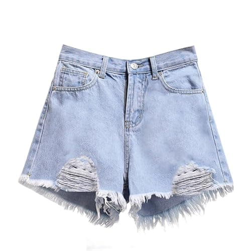 Image of Women's Jean Shorts Ripped Raw Hem High Waist Cute Jean Pants Summer Y2K Distressed Denim Shorts for Ladies Light Blue
