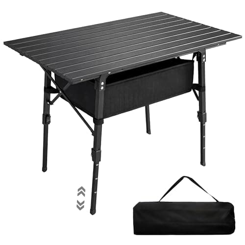 Image of Outsunny Folding Camping Table, 90 x 55 cm Height Adjustable Portable Collapsible Table, 3ft Lightweight Aluminium Rollup Picnic Table with Storage Basket for Outdoor Garden Party BBQ, Black