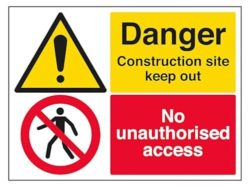 Image of The Workplace Depot Danger Construction Site Keep Out Safety Sign – Dual-Message 1 mm PVC, 300(H) x 400(W) mm, High-Visibility Yellow & Red, Indoor/Outdoor Construction Site Signage