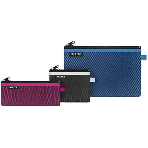 Image of Set of 3 Leitz Wow 2-Pocket Pencil Cases, Nylon Zip, Washable, Ideal Plastic Wallet, Pencil Case and Storage Pouch - Assorted Colours, 40150099