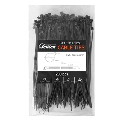 Image of JelKen 200 Pack Black Cable Ties, 200mm x 3.6mm, 8" Nylon Tie Wraps, Self-Locking Strong Zip Ties for Home Office and Garden