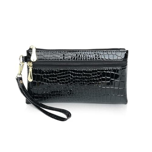 Image of AfitLulu Women Wallets Wristlet Clutch Purse with Detachable Wrist Strap, Long Ladies Purse Crocodile Texture Phone Clutch Wallet with Two Zipped Pockets for Cards, Cash, keys, and Phone (Black-1)