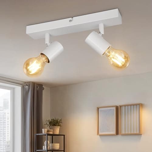 Image of Kimjo LED 2 Spotlight Ceiling Light, E27 Socket Swiveling Adjustable Spot Light, Vintage White Spotbars for Living Room Kitchen Dining Room Hall Wall, Max.60W, Bulb not Included