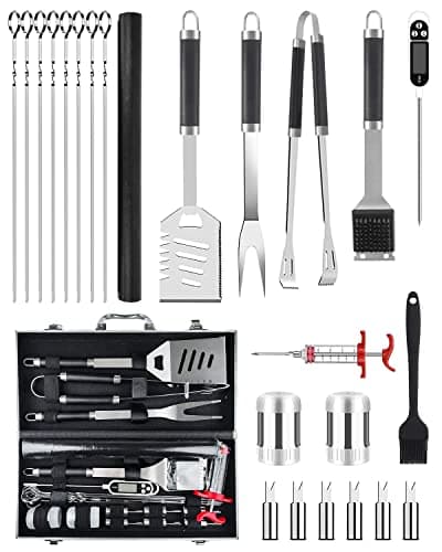 Image of Trongle BBQ Tools Set, 26pcs Stainless Steel bbq set BBQ Accessories Set With Heat Resistant Handle, Case, BBQ Grill Mats, Premium Camping BBQ Utensil Set, Set Man Woman, Father's Day, Black (JOF-I4)