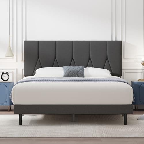 Image of Yocreat Small Double Bed Frame, Dark Grey, Upholstered Wooden Slat Bed Frame with Headboard, Easy Assembly, Underbed Storage, No Box Spring Needed 120×190