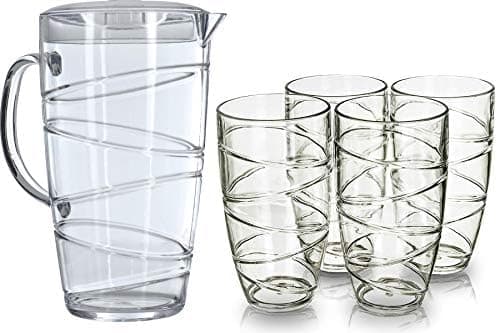 Image of FiNeWaY Set of 5 Swirl Plastic Acrylic Drink Tumblers Glasses Hi Ball Glass with 2L Pitcher Jug with Lid Party Picnic BBQ Camping Garden (5pc Clear Set)
