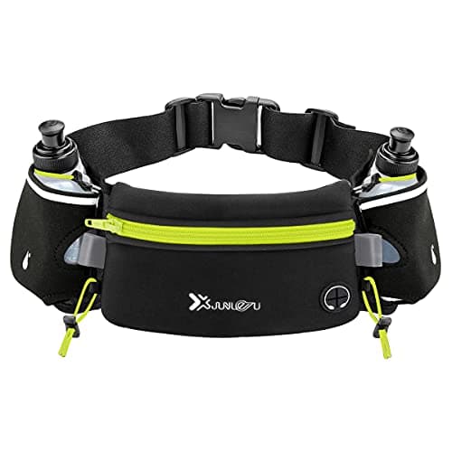 Image of Number-one Running Belt with Water Bottles(2 x 175ML), Hydration Belt Waterproof Waist Pack Bag Fits iPhones Adjustable Sports Waist Pouch for Marathon Running Hiking Cycling, Green, 80cm*12cm*0.5cm