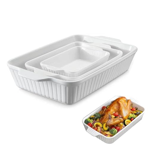 Image of Ceramic Casserole Dish Set of 3 Deep Rectangular Baking Dish, Large Lasagna Pan Deep for Oven, Baking Pan with Handles, Oven Safe and Durable Bakeware for Lasagna, Gifts for Mother.
