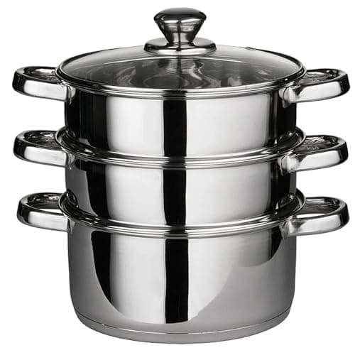 Image of 22 Cm Deluxe Steamer Cookware Set - with Glass Lid & Handles | Stainless Steel Pan, 3 Tier Pot Capsulated Bottom, Kitchen Home Cooking Pans, Chef Healthy Veg Cook, Multi Purpose