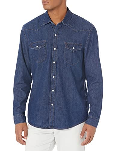 Image of Amazon Essentials Men's Regular-Fit Long-Sleeve Denim Shirt, Blue, M