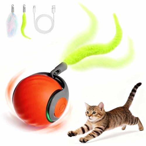 Image of Speedy Tail Cat Toys for Indoor Cats,Smart Interactive Kitten Toy with Feather Tail, 2 Speeds Rechargeable Moving Cat Ball for Bored Indoor Cats, Motion Activated Kitten Rolling Ball Toys (Orange)
