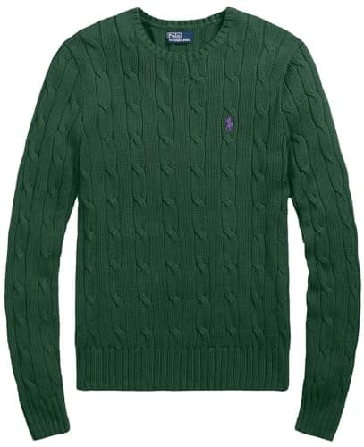 Image of RALPH LAUREN Women's Crewneck Cable Knit Pony Logo Sweater, Rl Forest Green, M