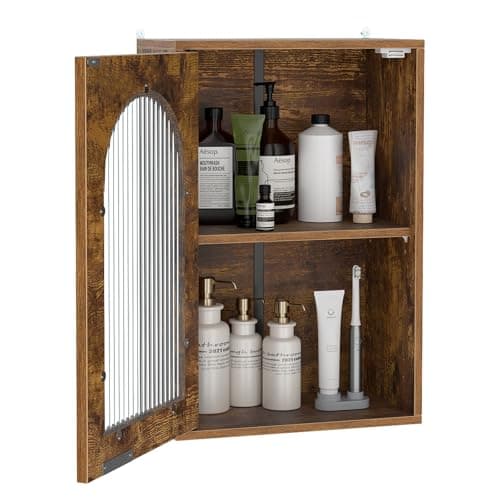 Image of Multigot Bathroom Wall Cabinet, Wall-Mounted Wooden Storage Cupboard with Tempered Glass Door & Adjustable Shelf, Hanging Medicine Cabinet Organizer Unit for Kitchen Living Room (Rustic Brown)