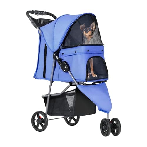 Image of YITAHOME 15 kg Foldable Dog Stroller, Cat Stroller with 3 Wheels, Mesh Windows, Cup Holder, and Brakes, Suitable for Medium-Sized Denim Blue