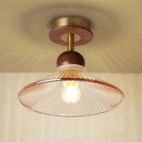 Image of Nordic Japanese Semi Flush Mount Ceiling Light - Amber Ribbed Glass Shade & Black Walnut Fixture, Ideal for Bedroom, Dining Room, Hallway & Entryway Decor