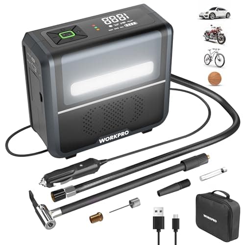 Image of WORKPRO 3-in-1 Tyre Inflator Air Compressor with LED Light, 12 V Car Tyre Pump 150 PSI with Digital Display, Automatic Shut-Off & Dual Power Supply Modes, Cordless Tyre Inflator for Car, Motor, Bike