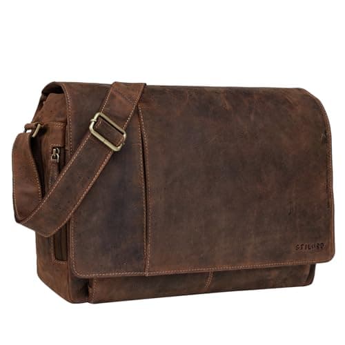 Image of STILORD "Elias" Vintage Messenger Bag Leather Shoulder Cross-Body Laptop Bag 15.6 inches MacBooks Genuine Buff Leather Colour:Calais - Brown